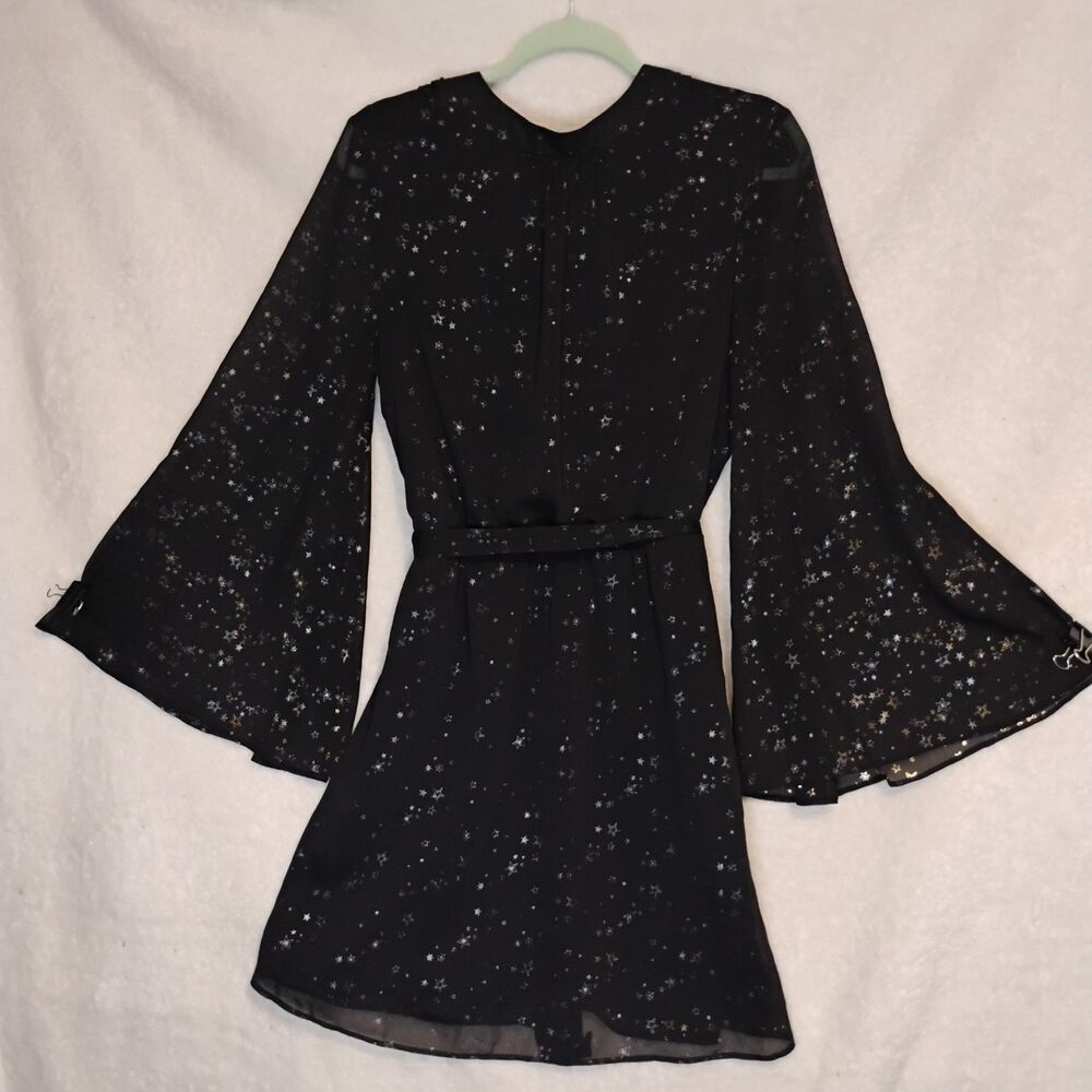 Primark Witchy Metallic Star Celestial Sheer Mini Black Dress Bell Sleeve Size 8